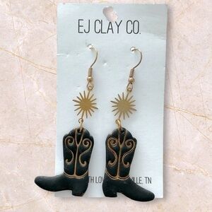 EJ Clay Cowboy Boot Gold Tone & Brown Sunburst Dangle Earrings Cowgirl NWT🌞